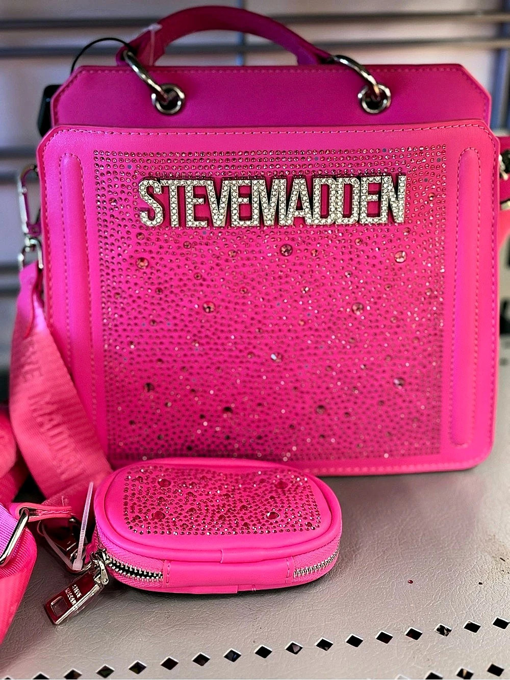 Steve Madden Bevelynx Hot Pink Satchel Crossbody Handbag Rhinestones